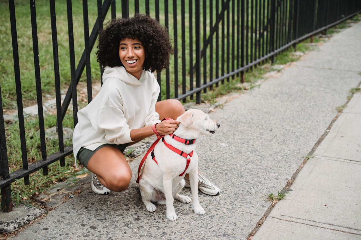 Une femme agenouillée faisant un contact visuel avec son chien pour le calmer.