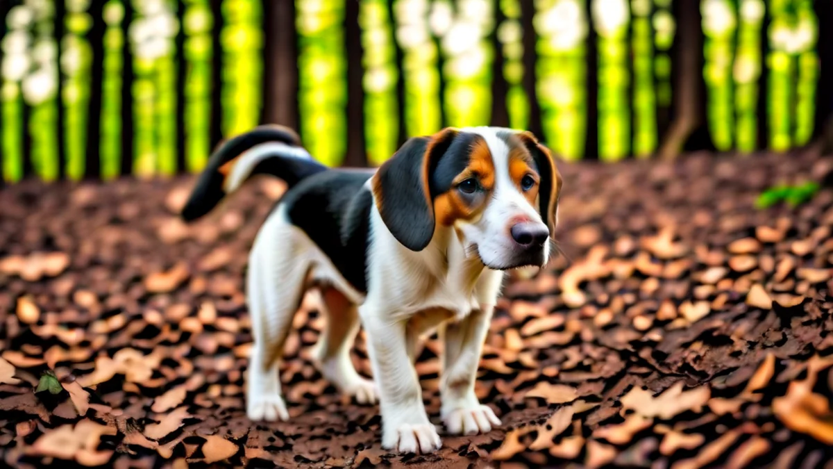 A tricolor puppy standing on a forest floor