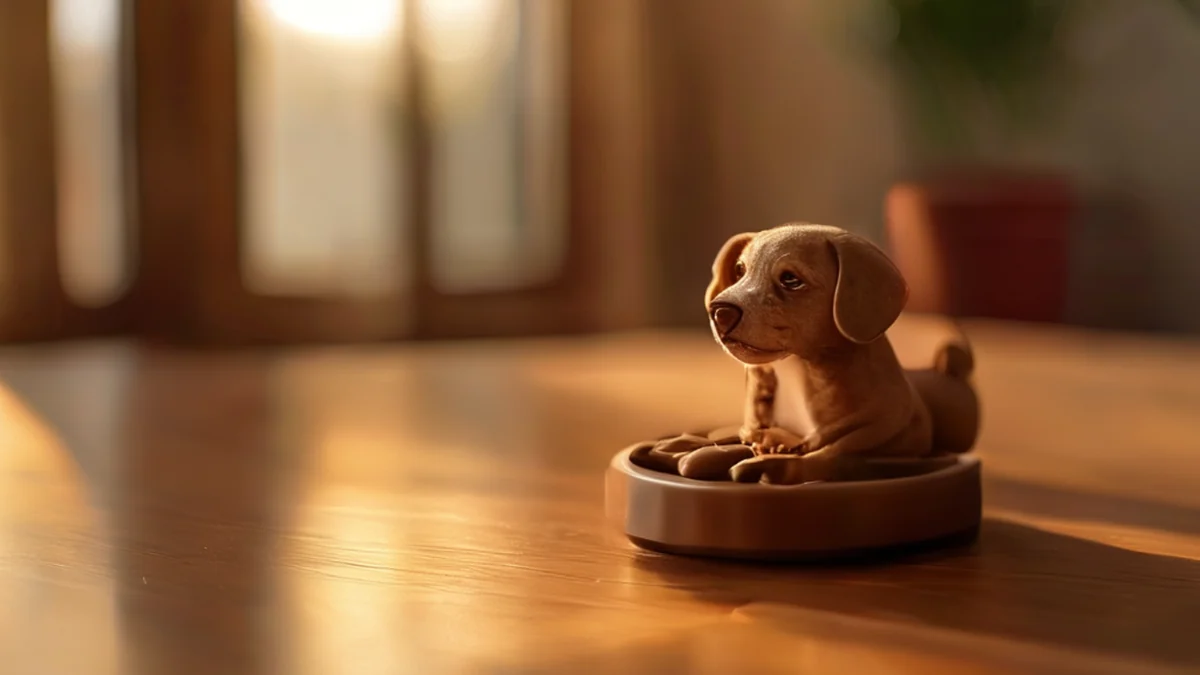犬の treats 分配器、滑らかな金属、自然な茶色、シンプルな木製のテーブルに、ゴールドタイム、浅いフォーカス、写実的、明確な焦点、高い詳細度