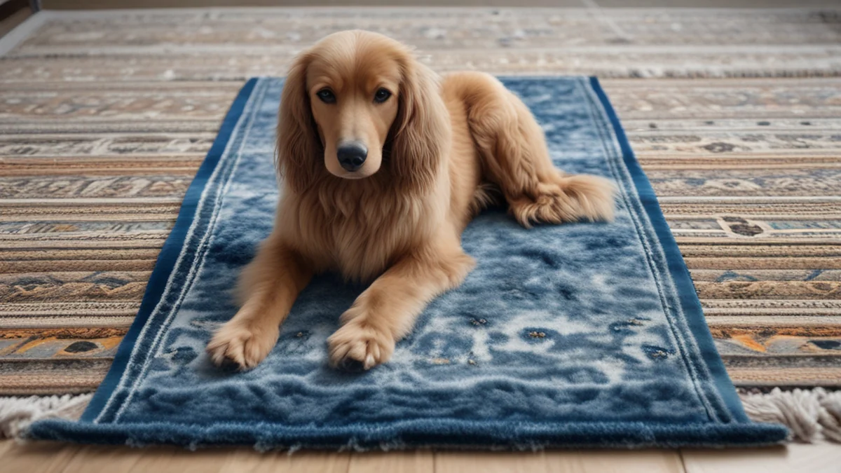 Rug de seda com cão, tapete de seda macio, cor azul profunda, dia nublado, profundidade de campo suave, realismo fotográfico, foco neto, detalhes altos
