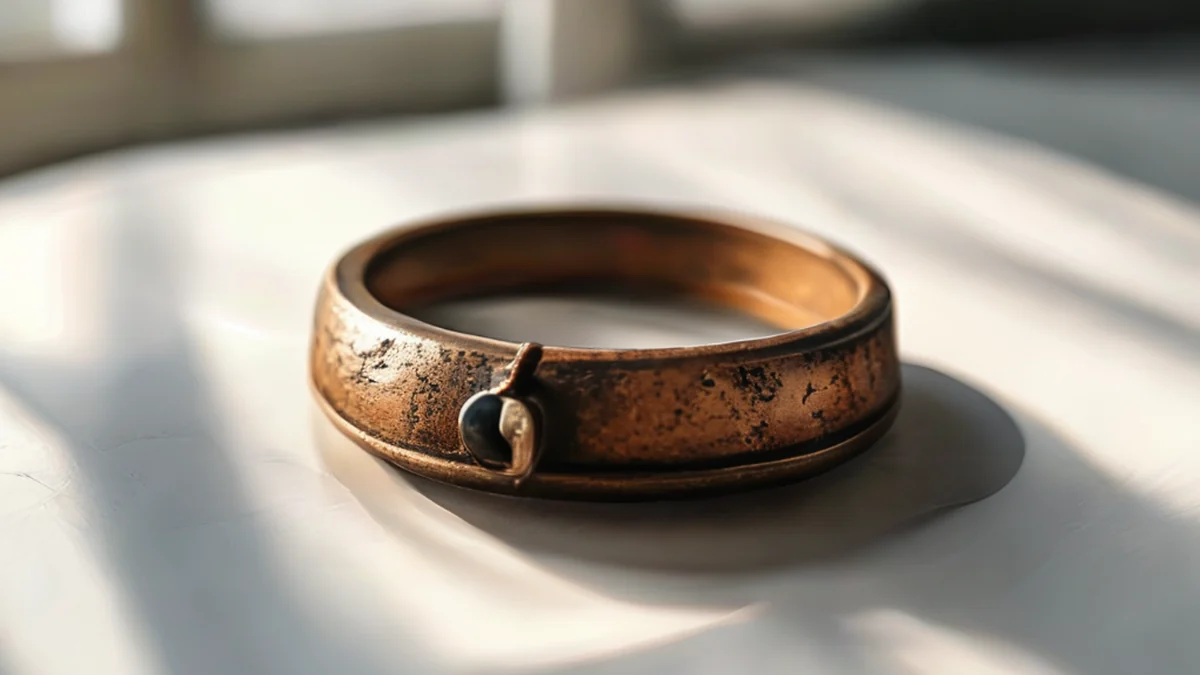 Clavija de colar em bronze, forma oval, acabado preto riscado, sobre uma mesa branca, luz suave, profundidade de campo baixa, detalhes altos